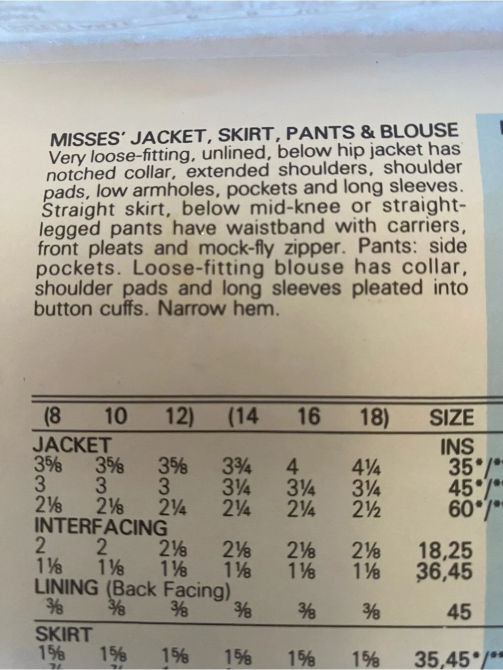 Vogue VINTAGE 1980'S Straight-Leg Pants Skirt blouse Jacket uncut sewing pattern